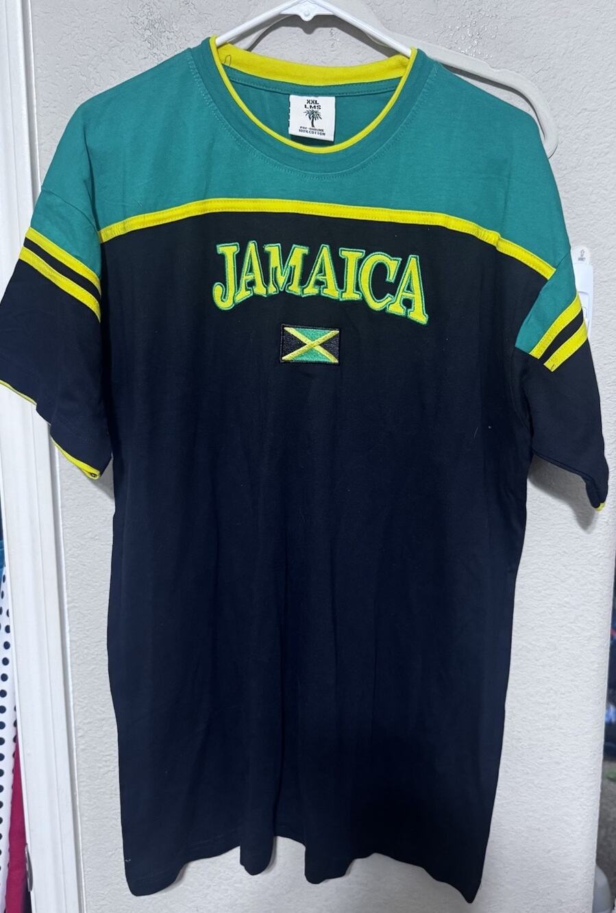 LMS Jamaica Shirt Mens XXL Green Cotton Embroidered Flag Vintage Island Tee